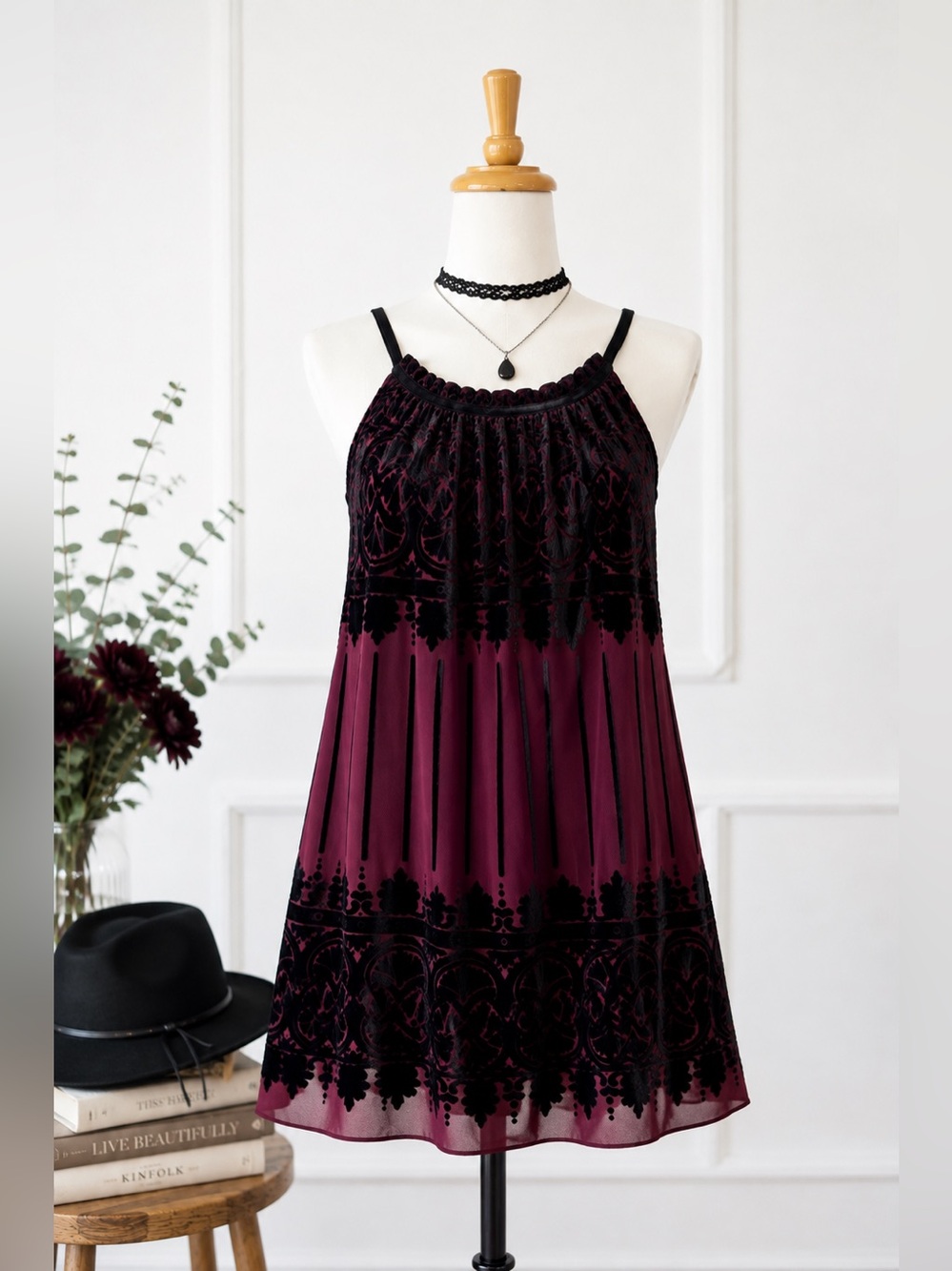 Max Studio NWT Burgundy & Black Velvet Burnout Boho Maxi Dress Size L
